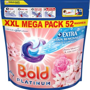 Bold Platinum PODS® Washing Liquid Laundry Detergent Capsules 104 Washes (52×2), Cherry Blossom & Rose Water, Extra Stain Femoval, With Built-In Lenor Softener