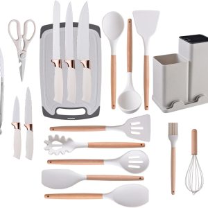 19 Piece Silicone Kitchenware Utensil Set Silicone Kitchen Utensils Set Heat Resistant Non-stick Cooking Tool with Wooden Handles Silicone Cookware Set BPA Free,19pcs