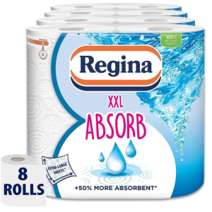 Regina XXL Absorb Kitchen Towels – 8 Rolls Per Pack, Super Absorbent 2-ply Kitchen Towels, 75 Sheets Per Roll, Extra-large Sheets, 50 percent More Absorbent Than Previous XXL Products, Easy Open Pack