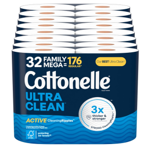 Cottonelle Ultra Clean Toilet Paper with Active CleaningRipples Texture, 32 Family Mega Rolls (32 Family Mega Rolls = 176 Regular Rolls) (8 Packs of 4), 353 Sheets Per Roll, Packaging May Vary