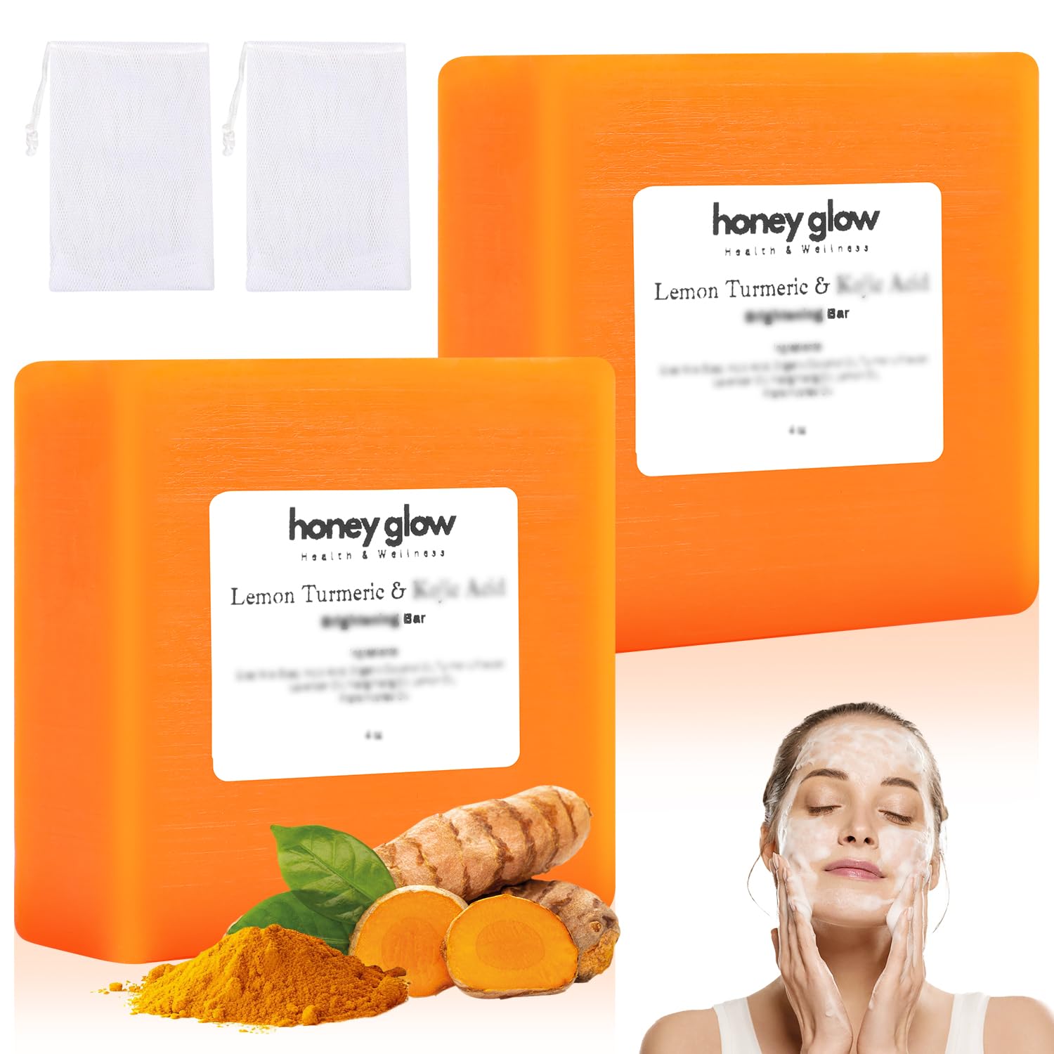 Honey Glow Lemon Turmeric Kojic Soap Bar, Honey Glow Turmeric Soap, Lemon Kojic Soap, Turmeric Soap Bar for Face & Body, Natural Turmeric Handmade Soap for All Skin Types (2)