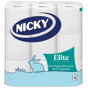 Nicky Elite Scented Toilet Tissue – 18 Rolls of White Toilet Paper, 3-ply, Talc Scent, Softness to the Skin, Enriched with Lotion, Extra Value Pack, 100% FSC Certified Paper