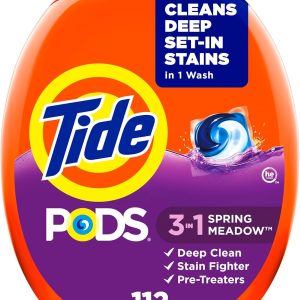 Tide PODS Laundry Detergent Pacs, 3-in-1 Stain Remover, Odor Fighter, Color Protector, 112 Count, HE compatible, Spring Meadow Scent
