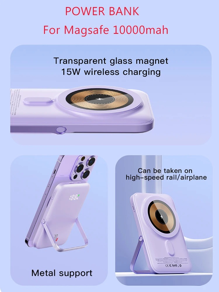 Travel 10000mAh Powerbank For Magsafe Wireless Charger Power Banks Fast Charge External Battery With Bracket For iPhone 15 14 13 - Image 4